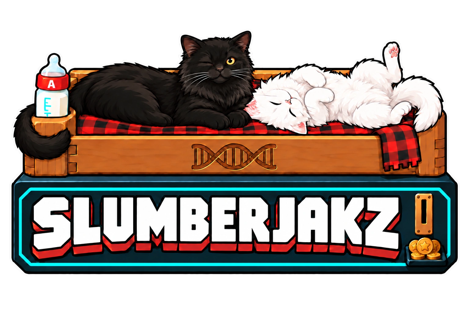 SLUMBERJAKZ wordmark with a black cat and a sleeping white cat on a red checked bed